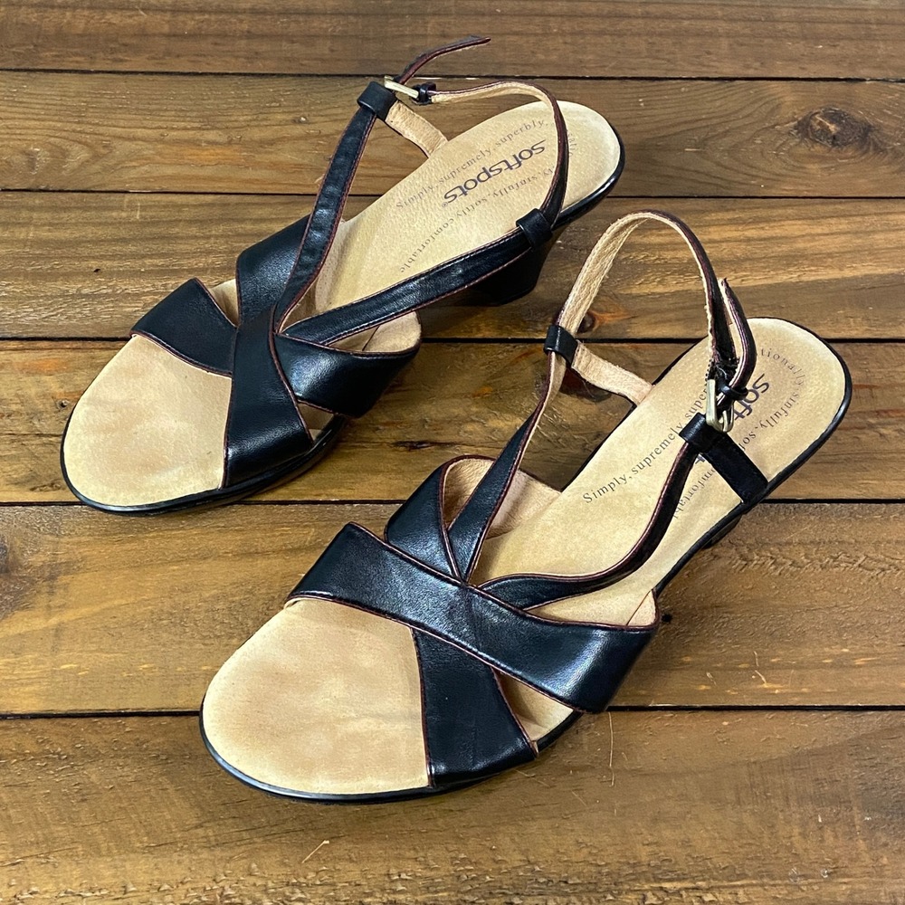 Softspots Womens Black Leather Wedge Sandals Slingback Ankle Strap Size 9.5 M